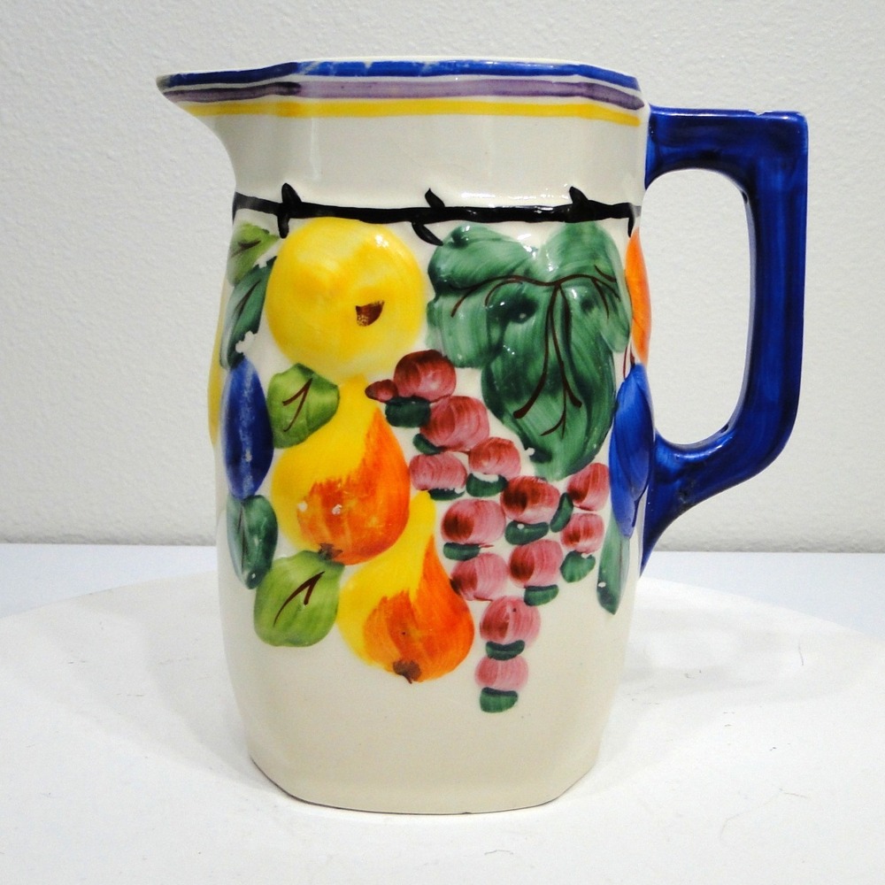 Vintage Hand Painted Czechoslovakia Pottery Fruit Pitcher Blue‎ Handle Ceramic